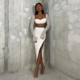 Fall Chic Beading Long Sleeve Square Neck Crop Top Slit Skirt Two Piece Set