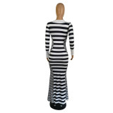 Women'S Fall/Winter Black And White Striped Slim Fitted Long Sleeve Mermaid Maxi Dress