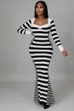 Women'S Fall/Winter Black And White Striped Slim Fitted Long Sleeve Mermaid Maxi Dress