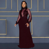 Sexy Sequin See-Through Mesh Patchwork Long Sleeve Maxi Dress