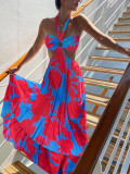 Summer Print V Neck Sleeveless Halter Boho Dress