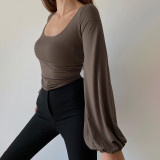 Women'S Autumn Top Casual Versatile Slim Lantern Sleeves Large U-Neck T-Shirt