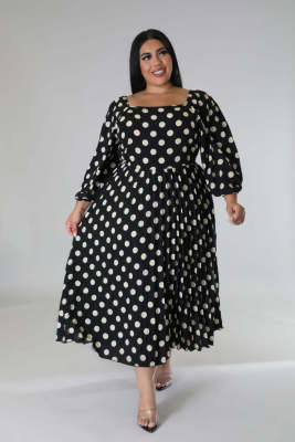 Fall Plus Size Women'S Polka Dot Print Pleated Casual Long Sleeve Midi Dress