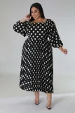 Fall Plus Size Women'S Polka Dot Print Pleated Casual Long Sleeve Midi Dress