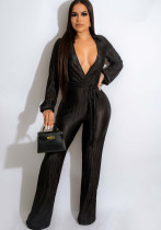 Women Sexy V-Neck Lace-Up Pleated Wide Leg Jumpsuit