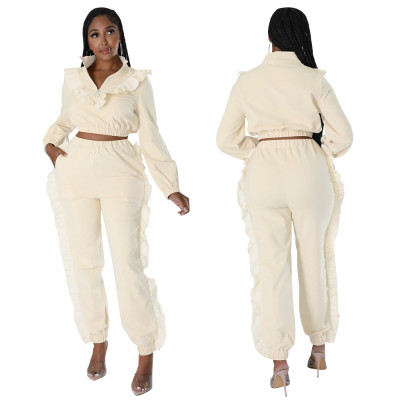 Fall Women Zip Stand Collar And Ruffle Edge Pant Two Piece