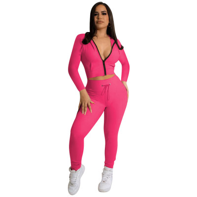 Women Zip Long Sleeve Hooded Top And Pant Two Piece