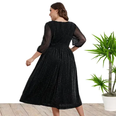 Plus Size Women V-Neck 3/4 Sleeve Midi Dress