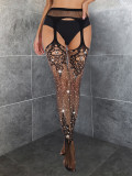 Women Black Beaded Cutout Pantyhose