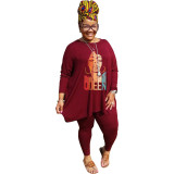 Plus Size Womens Print Casual Long Sleeve Top And Pant Two Piece