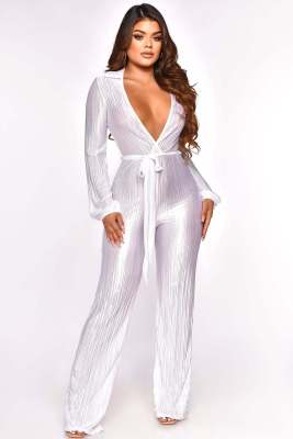 Women Sexy V-Neck Lace-Up Pleated Wide Leg Jumpsuit