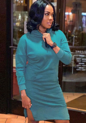 Womens Sexy Casual Solid Long Sleeve With Hood Slit Dress