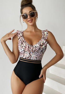 Women Leopard Print Contrast One Piece Swimwear