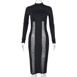 Women's Fall Long Sleeve Mesh Patchwork See-Through Sexy Slim Dress