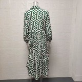 Women's Long Sleeve Turndown Collar Green Geometric Print Shirt Dress