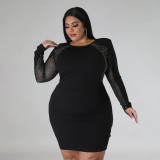 Party Fashion Round Neck Long Sleeve Beaded Plus Size Dress