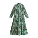 Women's Long Sleeve Turndown Collar Green Geometric Print Shirt Dress