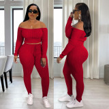 Fall/Winter Fashion Sports Suit Sexy Women's Knitting Ribbed Off Shoulder Two-Piece Set