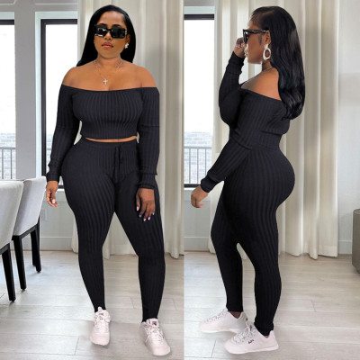 Fall/Winter Fashion Sports Suit Sexy Women's Knitting Ribbed Off Shoulder Two-Piece Set