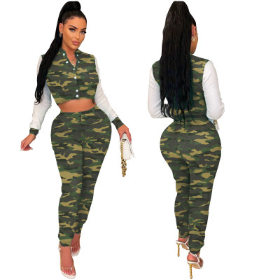 Women's Casual Trendy Color Block Camouflage Two Piece Set