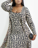 Women Printed Long Sleeve Robe and Dress Two Piece