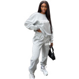 Women'S Fashion Casual Fleece Letter Print Pocket Plus Size Loose Sports Two Piece Tracksuit