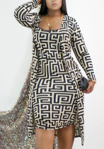 Women Printed Long Sleeve Robe and Dress Two Piece