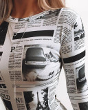 Women Newspaper Print Long Sleeve Bodysuit