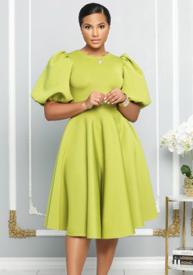 Round Neck Chic Puff Sleeve Slim Waist Swing A-Line Dress