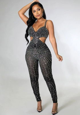 Fashion Sexy Mesh See-Through Beaded Sleeveless Sling Jumpsuit