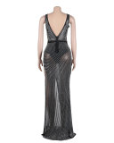 Sexy V-Neck See-Through Slim Beaded Dress