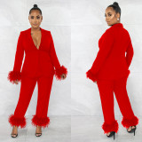 Fashion women's fluffy long-sleeved trousers v-neck solid color two-piece suit for women
