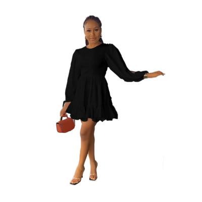 Chic Round Neck Open Sleeve Casual Ruffle Slim Fit Women's Dress