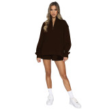 Autumn And Winter Corduroy Solid Color Round Neck Pullover Long Sleeve Two-Piece Shorts Set Fashion Women Tracksuit
