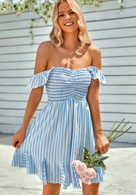 Spring Summer Women'S Casual Off Shoulder Ruffle Stripe Dress