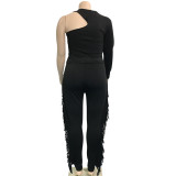 Plus Size Women'S Halter Neck One Shoulder Top + Fringe Tight Fitting Pants Two Piece Set