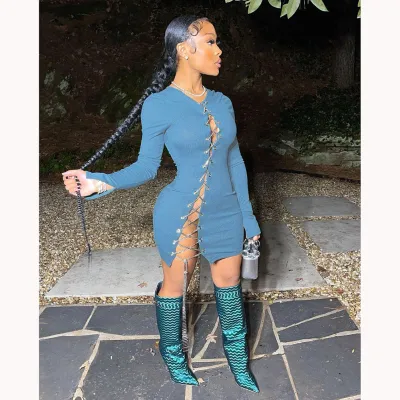 Women'S Solid Bell Bottom Long Sleeve Metal Lace-Up Bodycon Dress