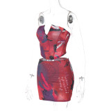 Autumn Women'S Sexy Print Wrap Chest Nightclub Mini Skirt Two-Piece Suit