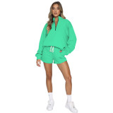 Autumn And Winter Corduroy Solid Color Round Neck Pullover Long Sleeve Two-Piece Shorts Set Fashion Women Tracksuit