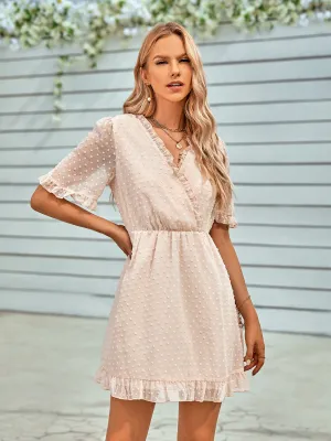 Spring/Summer Women'S Casual V-Neck Solid Color Short Sleeve Fur Dress