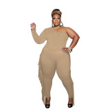 Plus Size Women'S Halter Neck One Shoulder Top + Fringe Tight Fitting Pants Two Piece Set