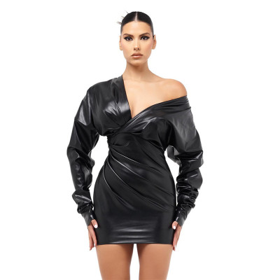 Women Sexy Pu Leather Deep V-Neck Bodycon Dress