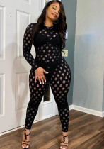 Women Sexy Cutout Ripped Zip Solid Long Sleeve Jumpsuit