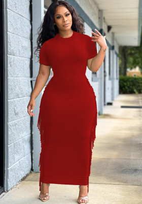 Plus Size Women Sexy Fringe Solid Color Dress