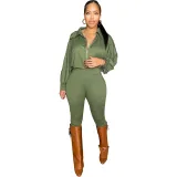 Women Sexy Solid Color Lapel Long Sleeve Zipper Jumpsuit