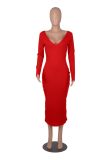 Women Long Sleeve Casual V Neck Ribbed Long Sleeve Dress