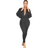 Women Sexy Solid Color Lapel Long Sleeve Zipper Jumpsuit