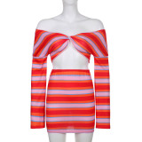 Striped Contrast Print Knot Off Shoulder Long Sleeve Crop Top High Waist Skirt Two Piece