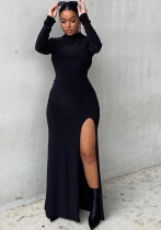 Women's Fall Fashion Round Neck Sexy Low Back High Waist Slit Dress