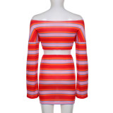 Striped Contrast Print Knot Off Shoulder Long Sleeve Crop Top High Waist Skirt Two Piece